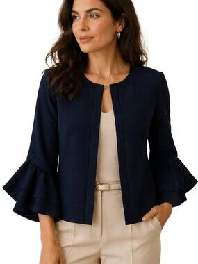 BANANA REPUBLIC Navy Blue Ruffle Sleeve Hook-and-eye Front Closure Blazer Sz 8